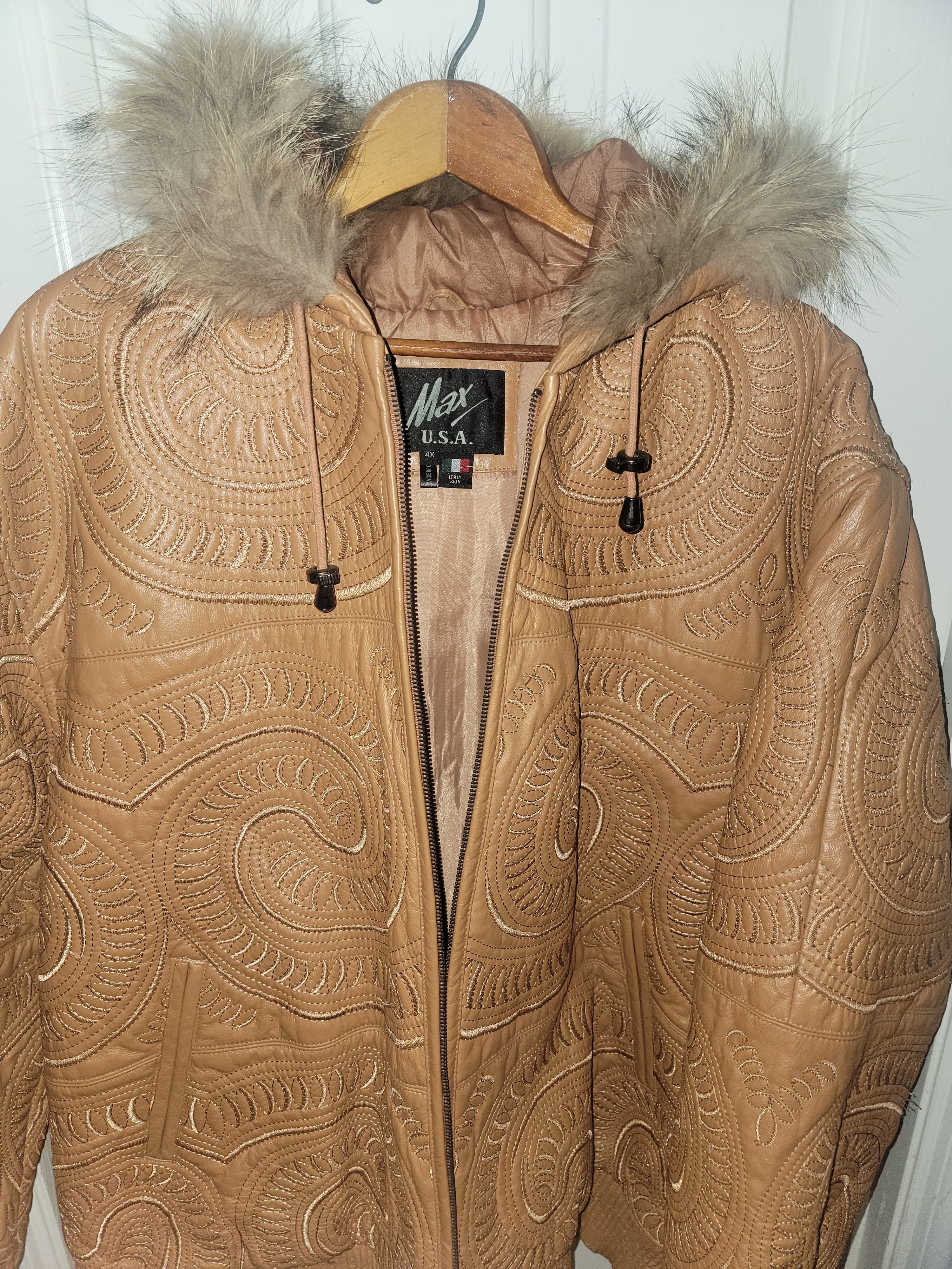 Women's Tan Embossed Leather Hooded Jacket With Faux Fur Trim